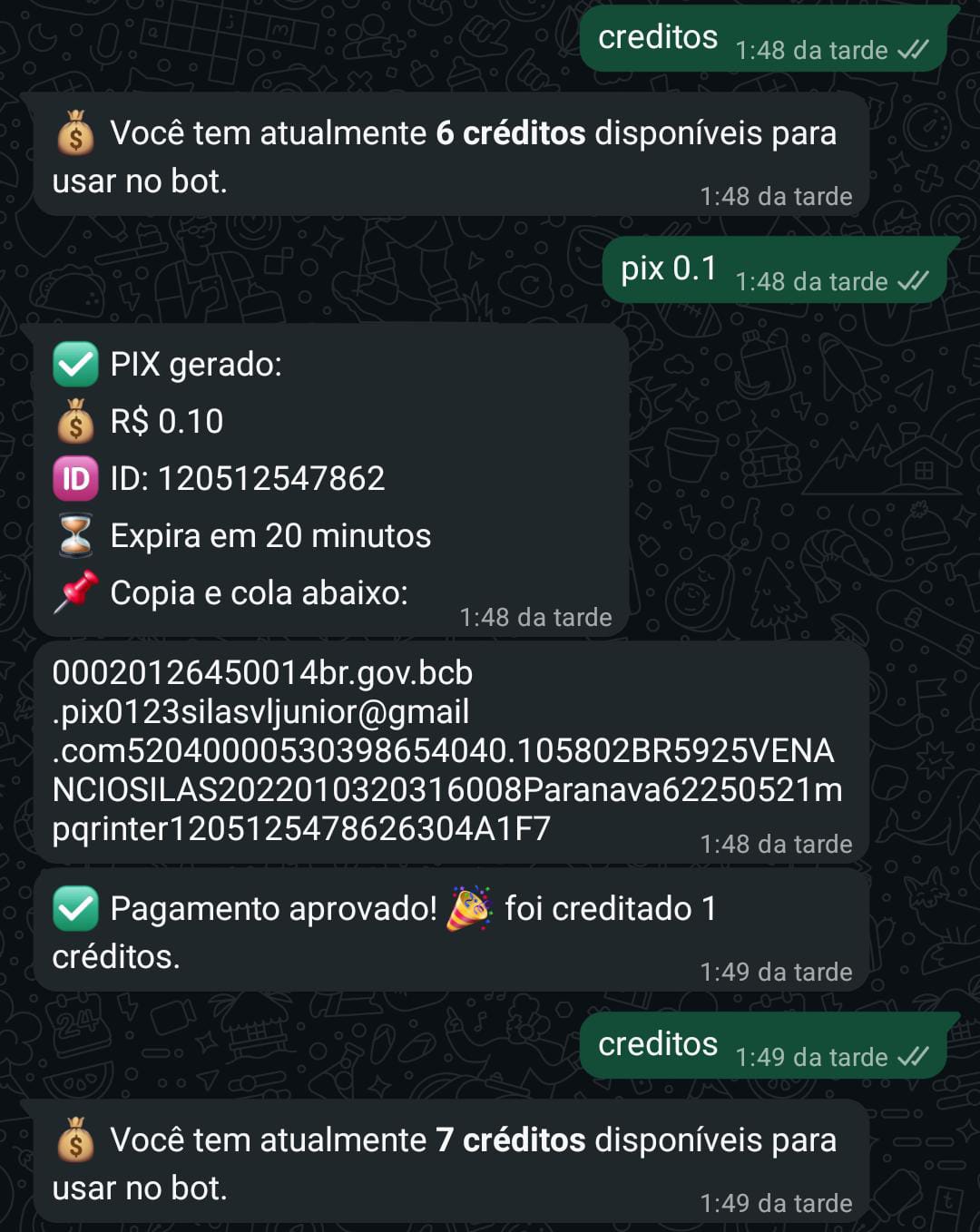 Exemplo do comando para comprar créditos