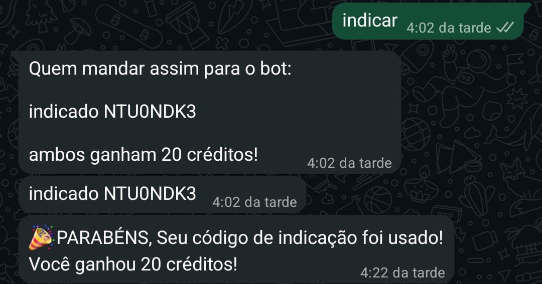 Exemplo do comando para indicar o bot para amigos